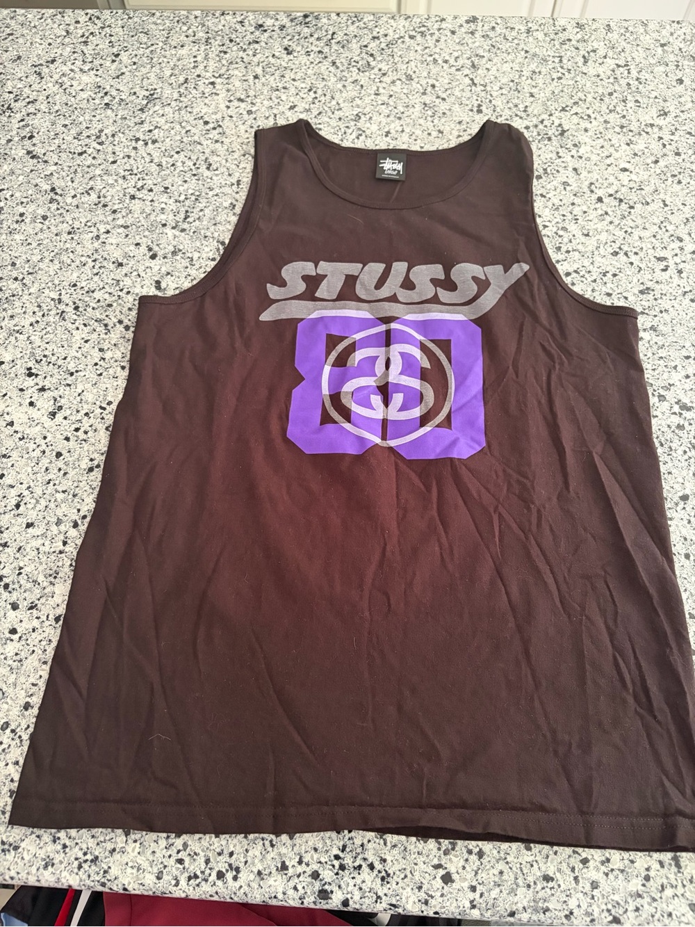 Stussy Black Graphic Tank Top with Purple Logo Men’s Size Large